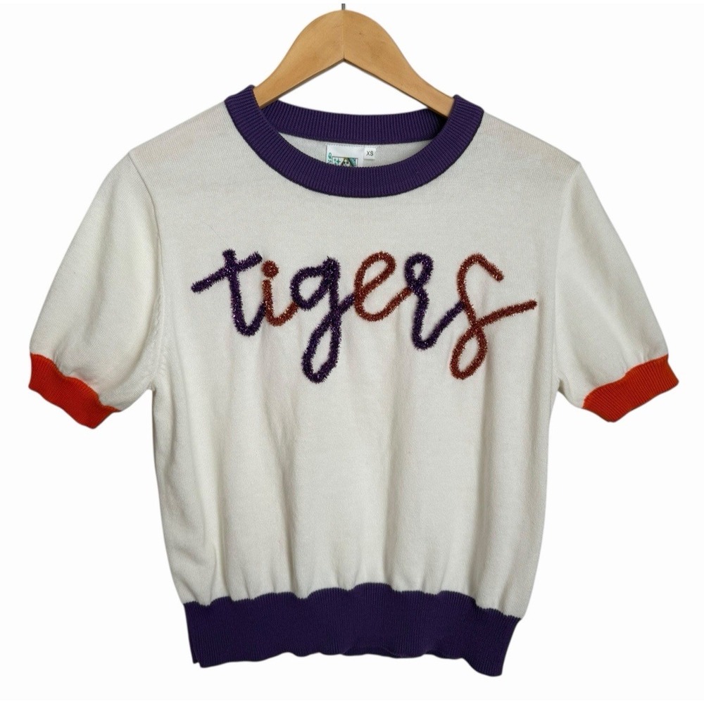 Queen of Sparkles Tigers Chenille Sweater Womens XS White Purple Orange Knit